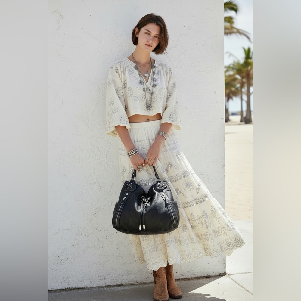 Hype Black Pebbled Leather Slouch Satchel Drawstring Buckle Y2K Shoulder Bag - Picture 3 of 11